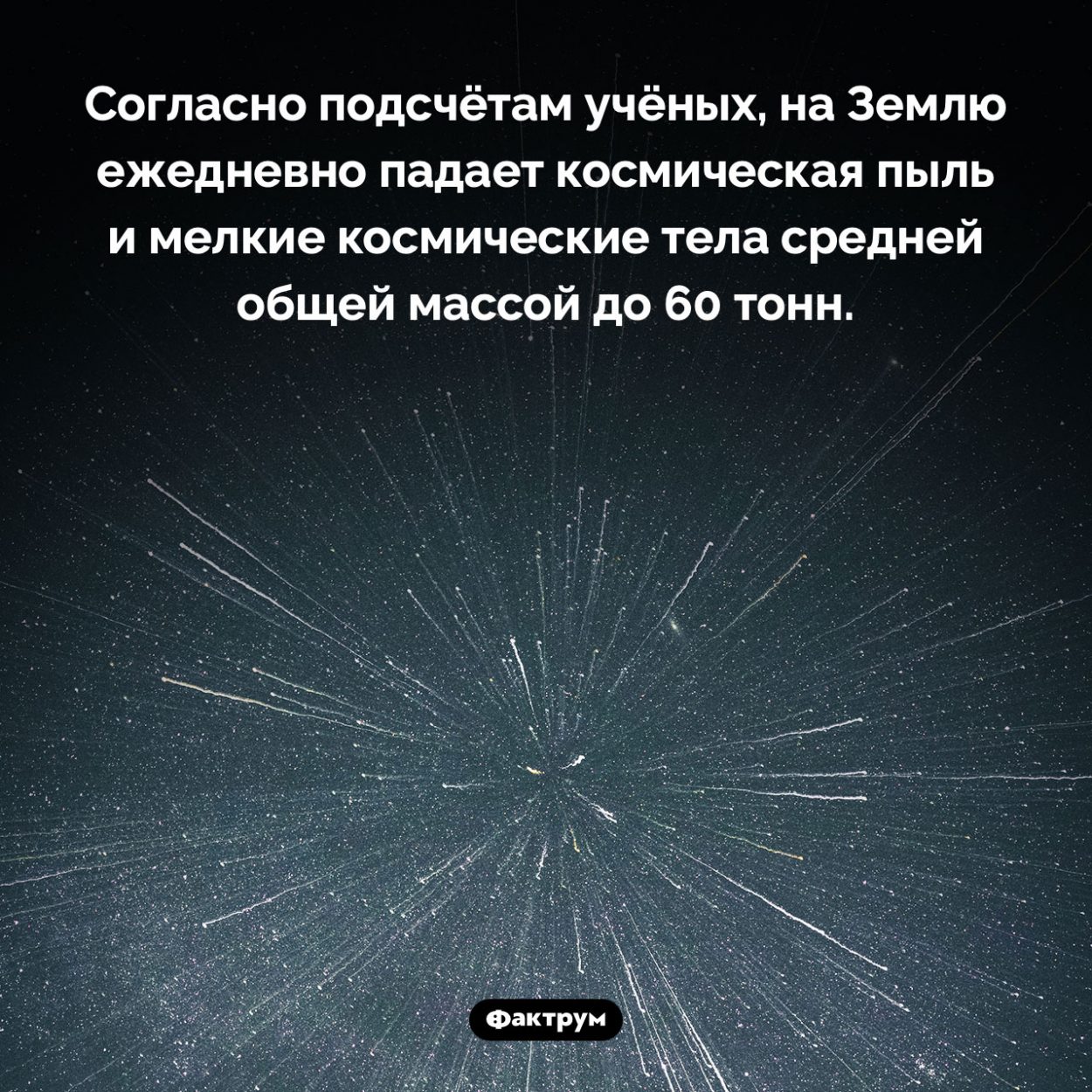 Земля и космическая пыль. Согласно подсчётам учёных, на Землю ежедневно падает космическая пыль и мелкие космические тела средней общей массой до 60 тонн.