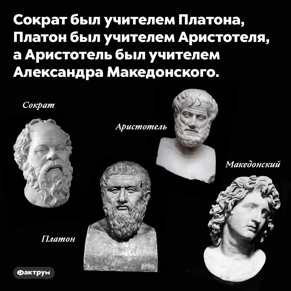 У великих древних греков были великие учителя. Сократ был учителем Платона, Платон был учителем Аристотеля, а Аристотель был учителем Александра Македонского.