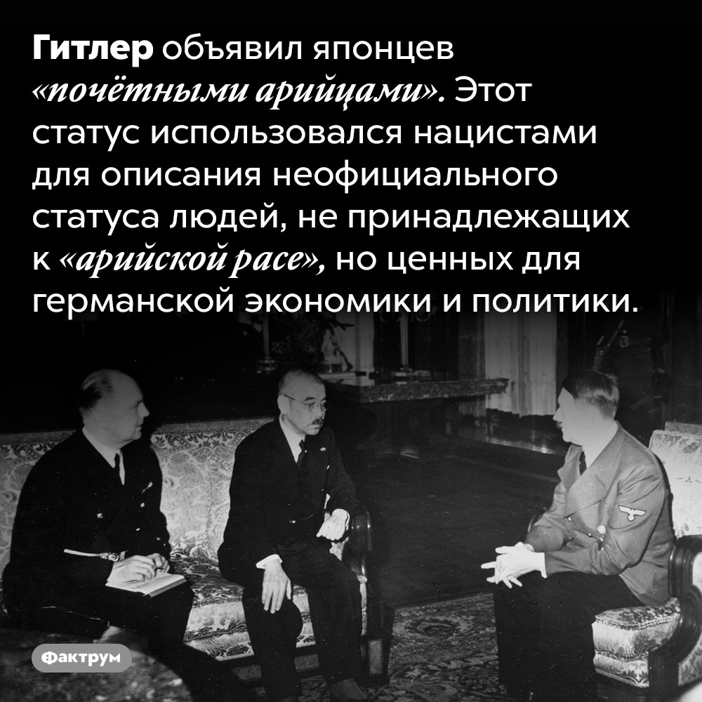 Нацистская Германия причисляла японцев к «почётным арийцам». Гитлер объявил японцев «почётными арийцами». Этот статус использовался нацистами для описания неофициального статуса людей, не принадлежащих к «арийской расе», но ценных для германской экономики и политики.