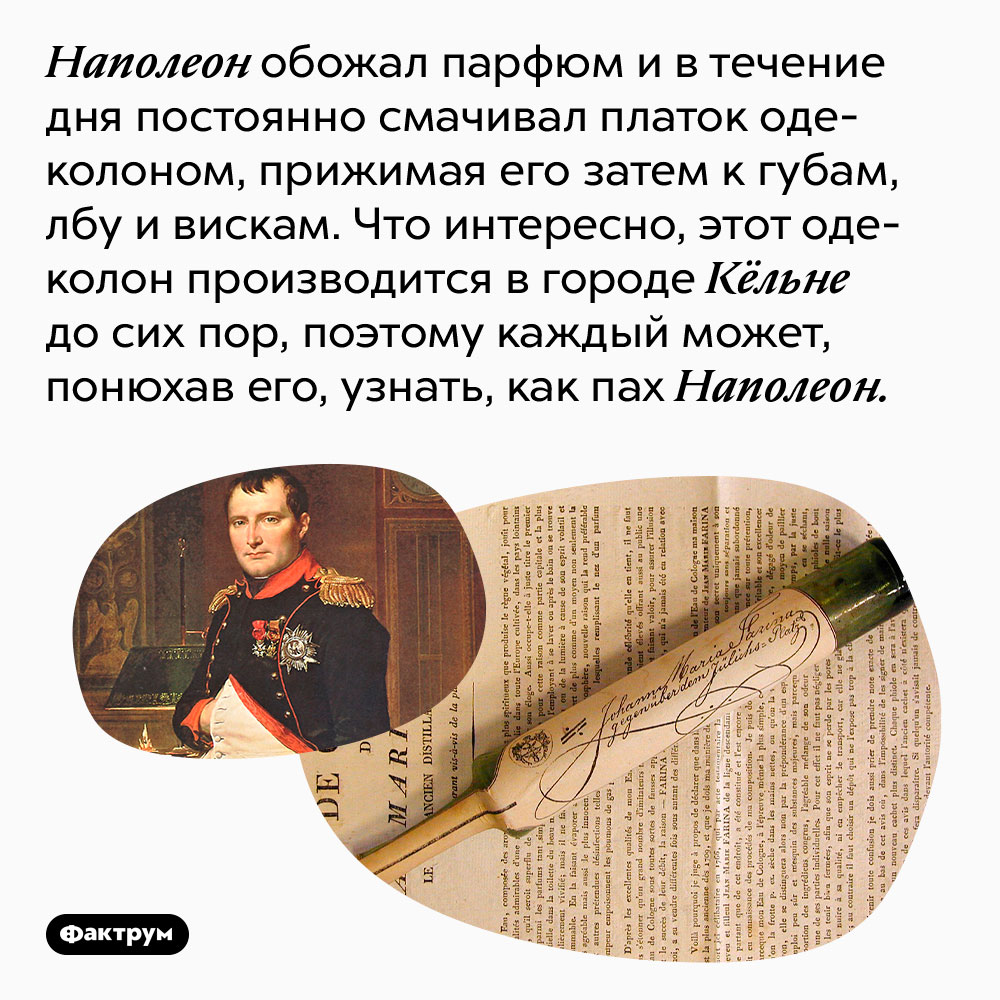 Каждый может узнать, как пах Наполеон. Наполеон обожал парфюм и в течение дня постоянно смачивал платок одеколоном, прижимая его затем к губам, лбу и вискам. Что интересно, этот одеколон производится в городе Кёльне до сих пор, поэтому каждый может, понюхав его, узнать, как пах Наполеон.