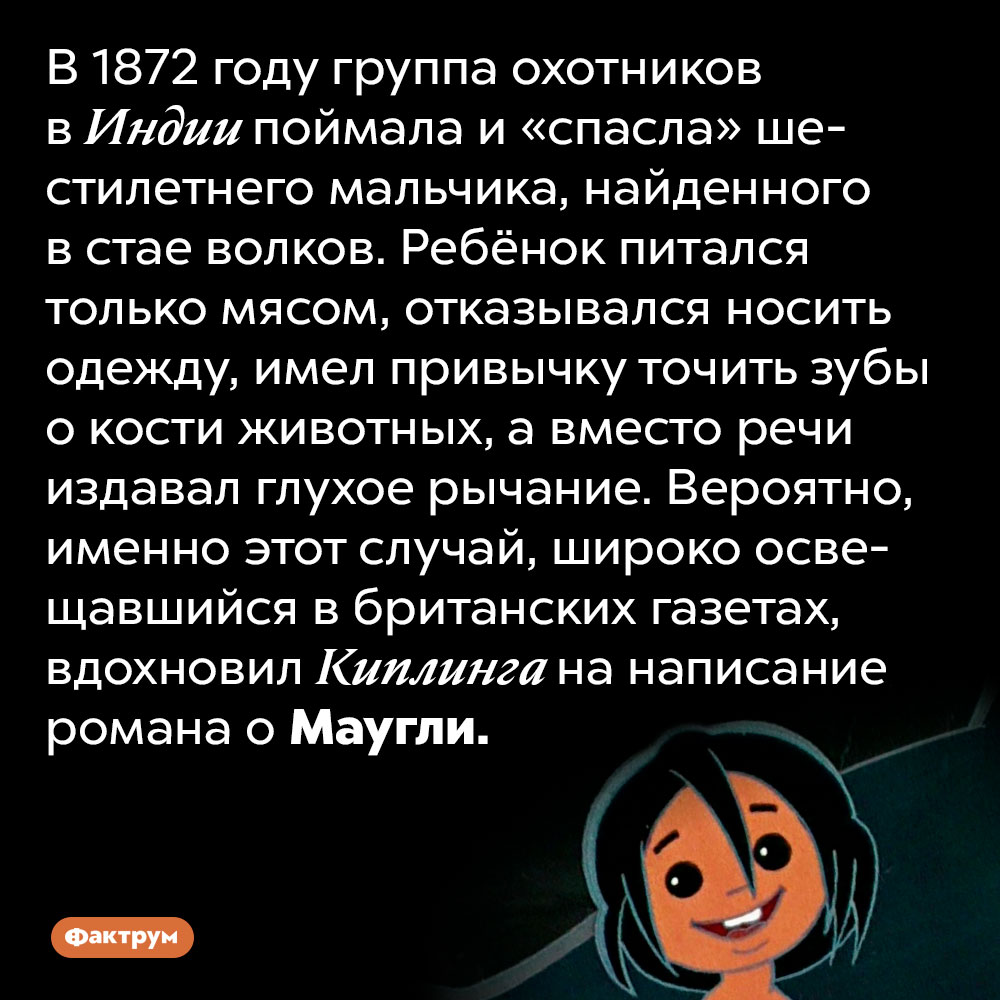 У Маугли Киплинга, вероятно, был прототип. В 1872 году группа охотников в Индии поймала и «спасла» шестилетнего мальчика, найденного в стае волков. Ребёнок питался только мясом, отказывался носить одежду, имел привычку точить зубы о кости животных, а вместо речи издавал глухое рычание. Вероятно, именно этот случай, широко освещавшийся в британских газетах, вдохновил Киплинга на написание романа о Маугли.