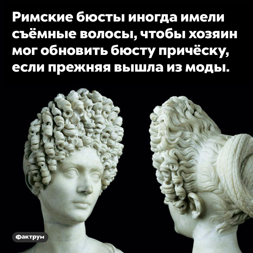 Некоторым римским бюстам можно было менять причёски. Римские бюсты иногда имели съёмные волосы, чтобы хозяин мог обновить бюсту причёску, если прежняя вышла из моды.