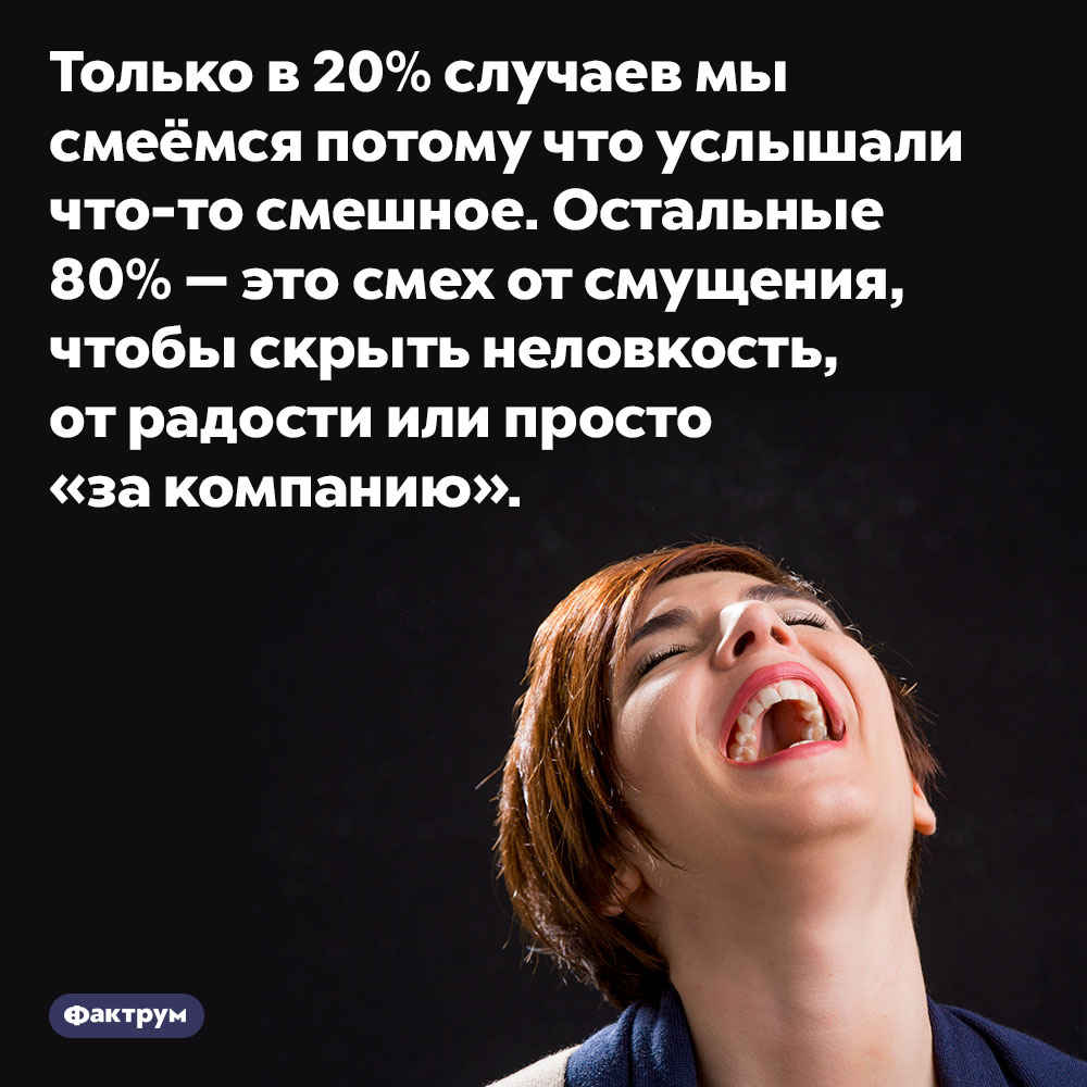 Только в 20% случаев мы смеёмся потому что услышали что-то смешное. Остальные 80% — это смех от смущения, чтобы скрыть неловкость, от радости или просто «за компанию».