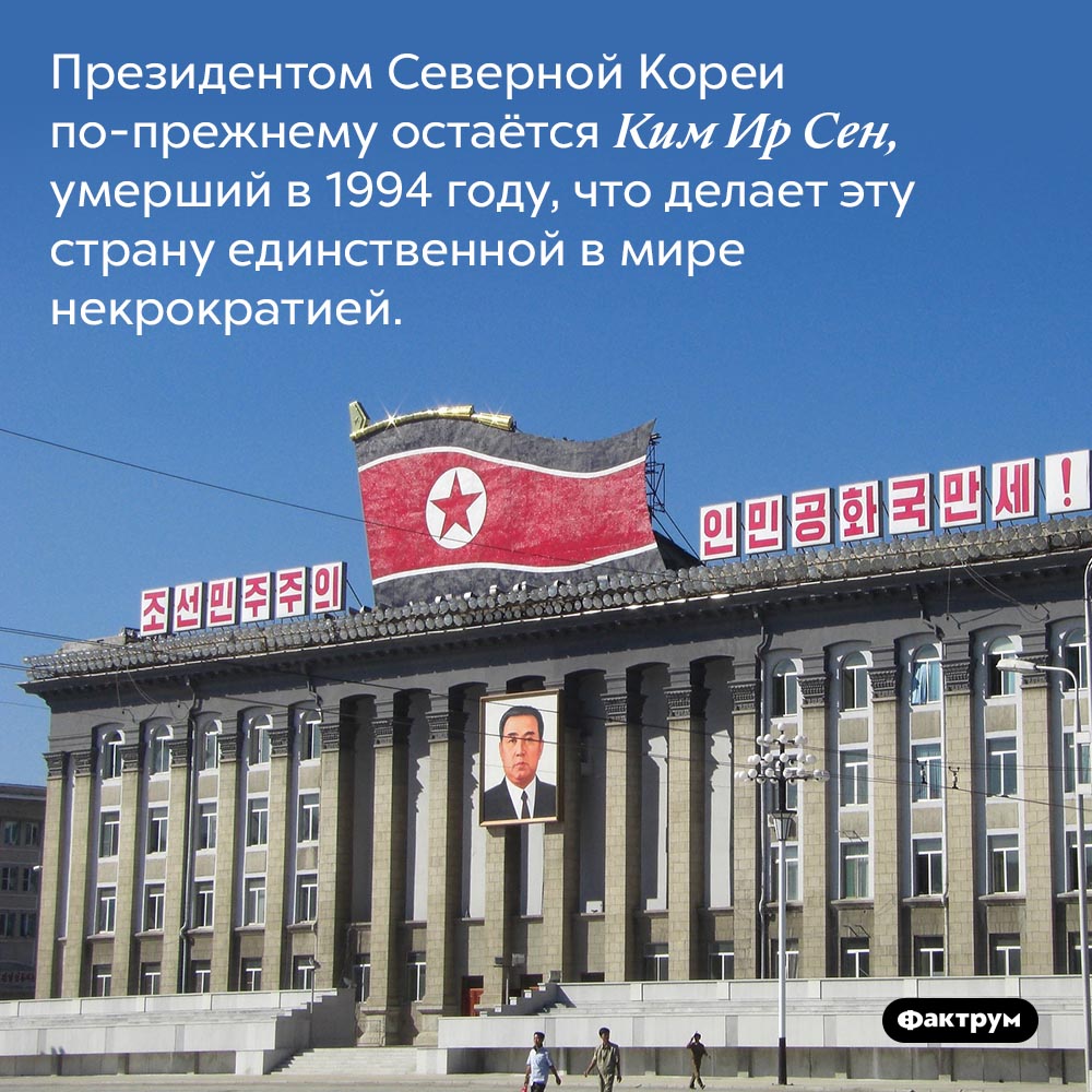 Президент Северной Кореи. Президентом Северной Кореи по-прежнему остаётся Ким Ир Сен, умерший в 1994 году, что делает эту страну единственной в мире некрократией.