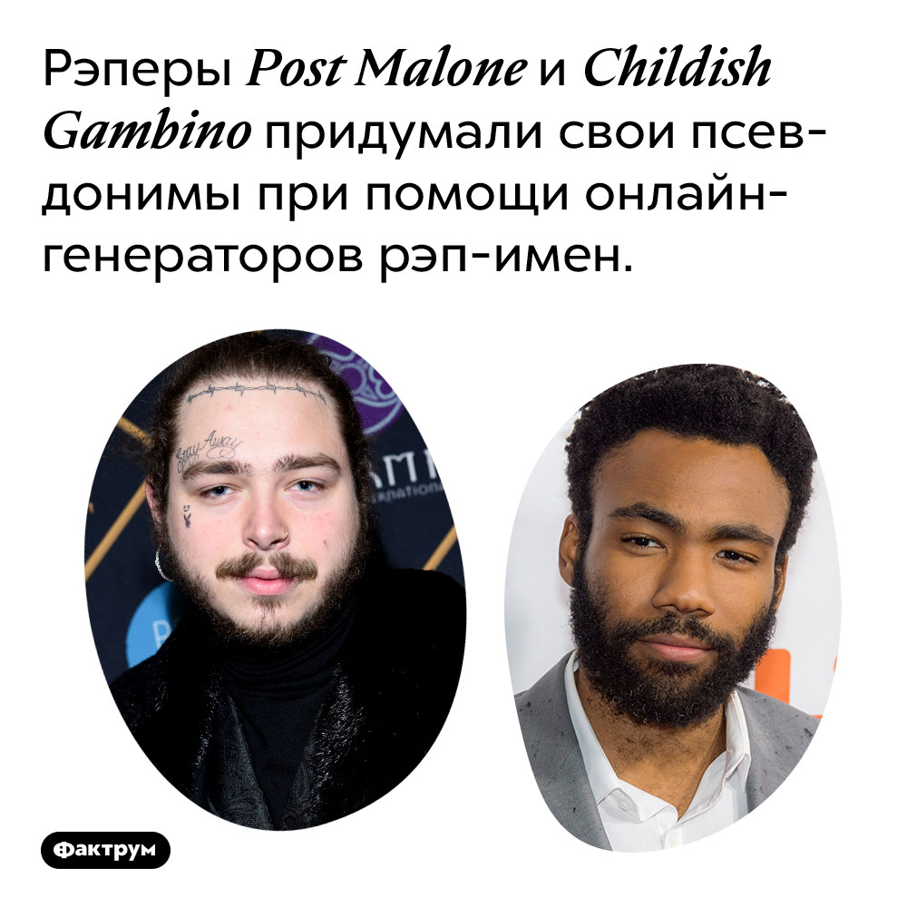 Как Post Malone и Childish Gambino придумали свои псевдонимы. Рэперы Post Malone и Childish Gambino придумали свои псевдонимы при помощи <nobr>онлайн-генераторов</nobr> <nobr>рэп-имен</nobr>.