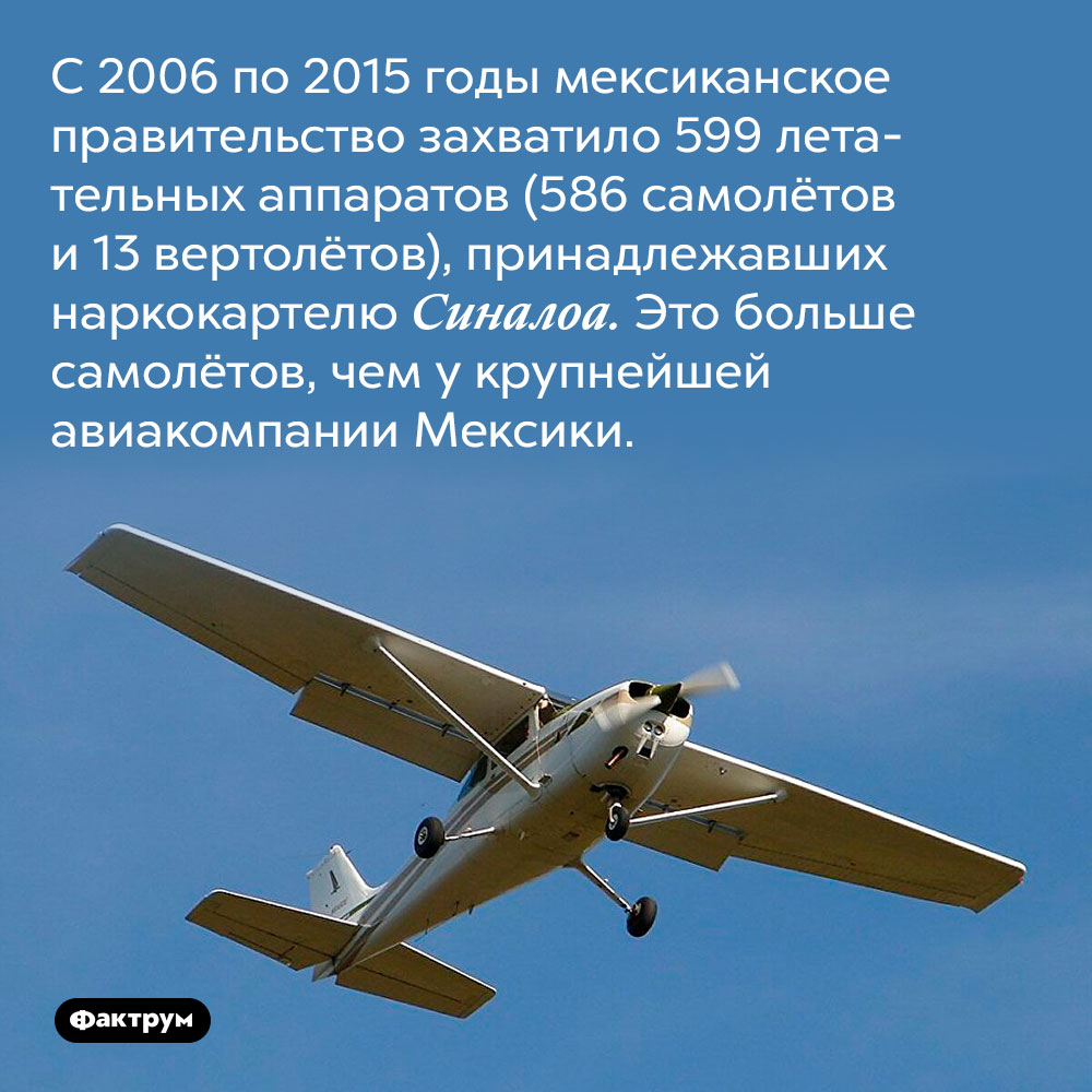 Мексиканское правительство захватило 599 летательных аппаратов, принадлежавших наркокартелю Синалоа. С 2006 по 2015 годы мексиканское правительство захватило 599 летательных аппаратов (586 самолётов и 13 вертолётов), принадлежавших наркокартелю Синалоа. Это больше самолётов, чем у крупнейшей авиакомпании Мексики.
