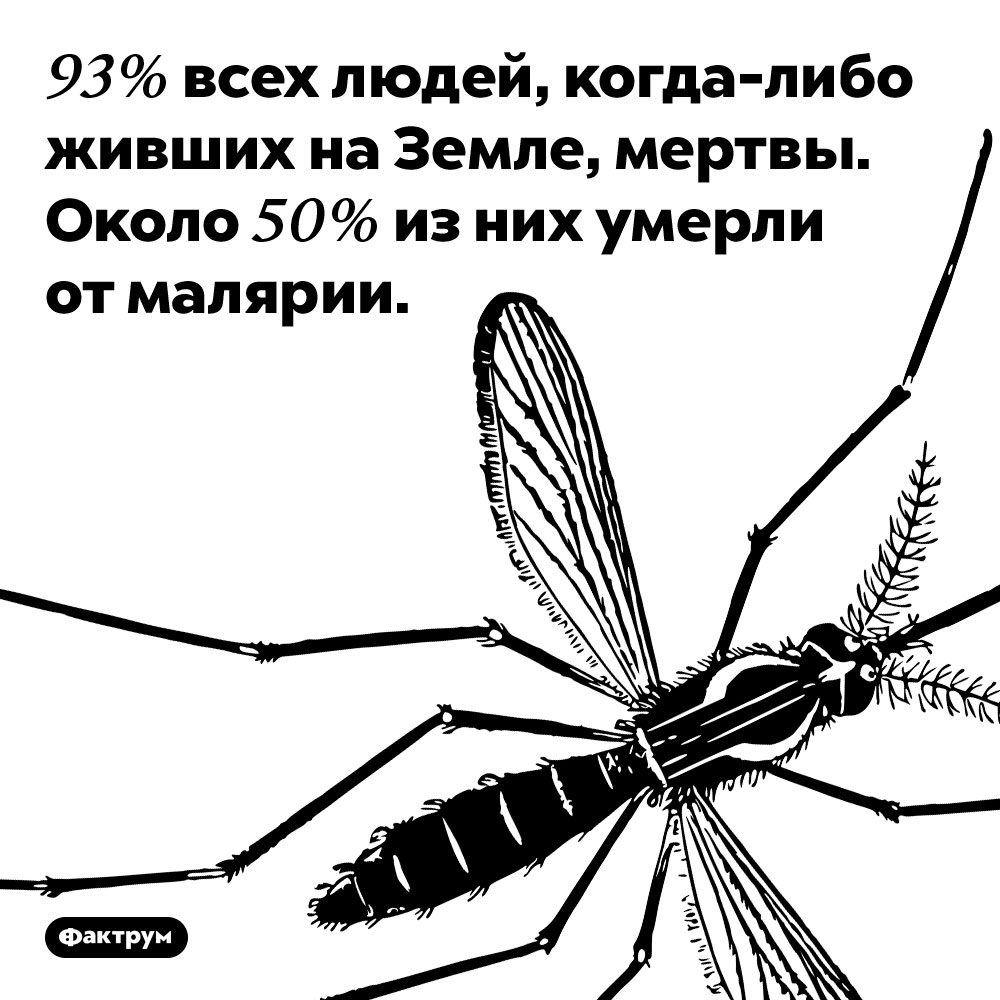 Половина людей за всю историю человечества умерла от малярии. 93% всех людей, <nobr>когда-либо</nobr> живших на Земле, мертвы. Около 50% из них умерли от малярии.