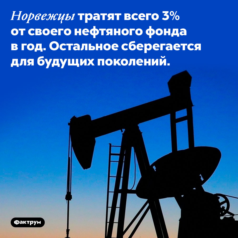 Норвежцы тратят всего 3% от своего нефтяного фонда в год. Норвежцы тратят всего 3% от своего нефтяного фонда в год. Остальное сберегается для будущих поколений.