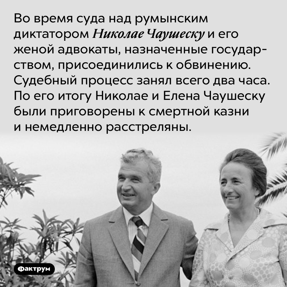 Николае Чаушеску на суде обвиняли его же собственные адвокаты. Во время суда над румынским диктатором Николае Чаушеску и его женой адвокаты, назначенные государством, присоединились к обвинению. Судебный процесс занял всего два часа. По его итогу Николае и Елена Чаушеску были приговорены к смертной казни и немедленно расстреляны.