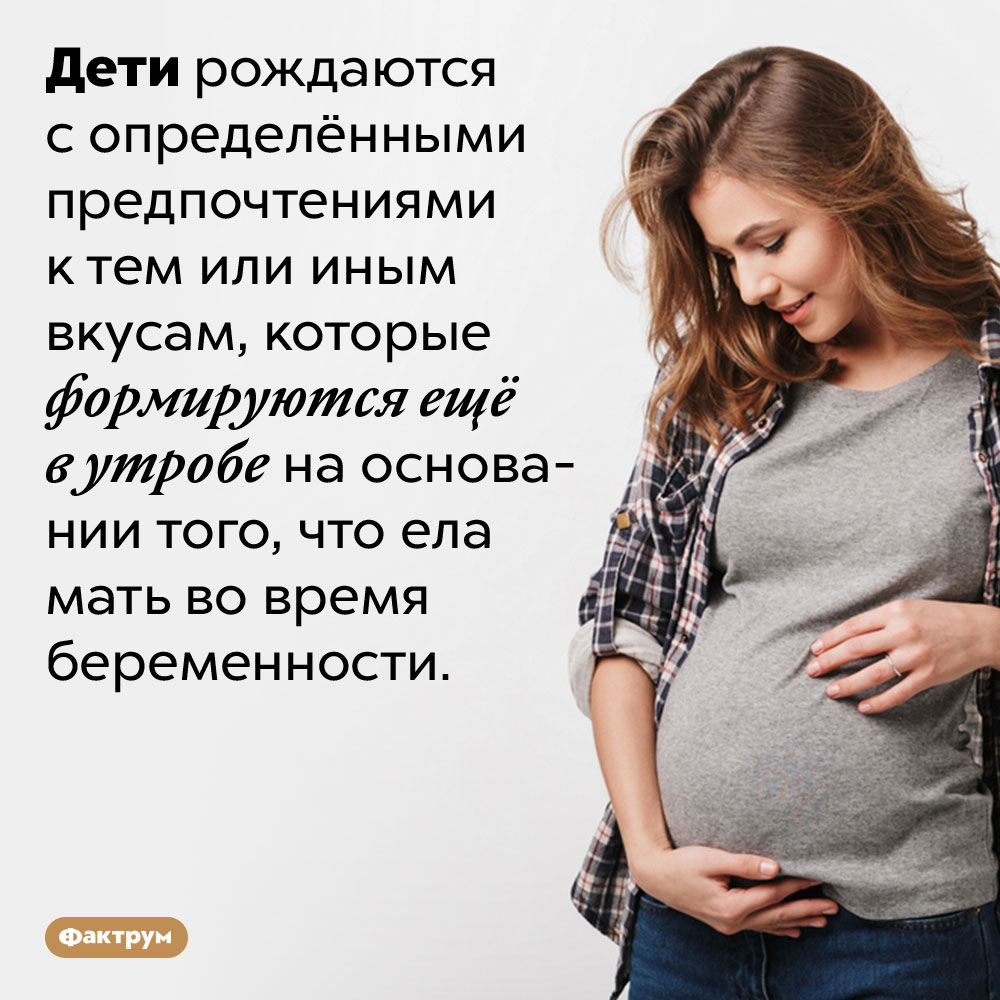 Когда мы рождаемся на свет, у нас уже есть определённые предпочтения в еде. Дети рождаются с определёнными предпочтениями к тем или иным вкусам, которые формируются ещё в утробе на основании того, что ела мать во время беременности.