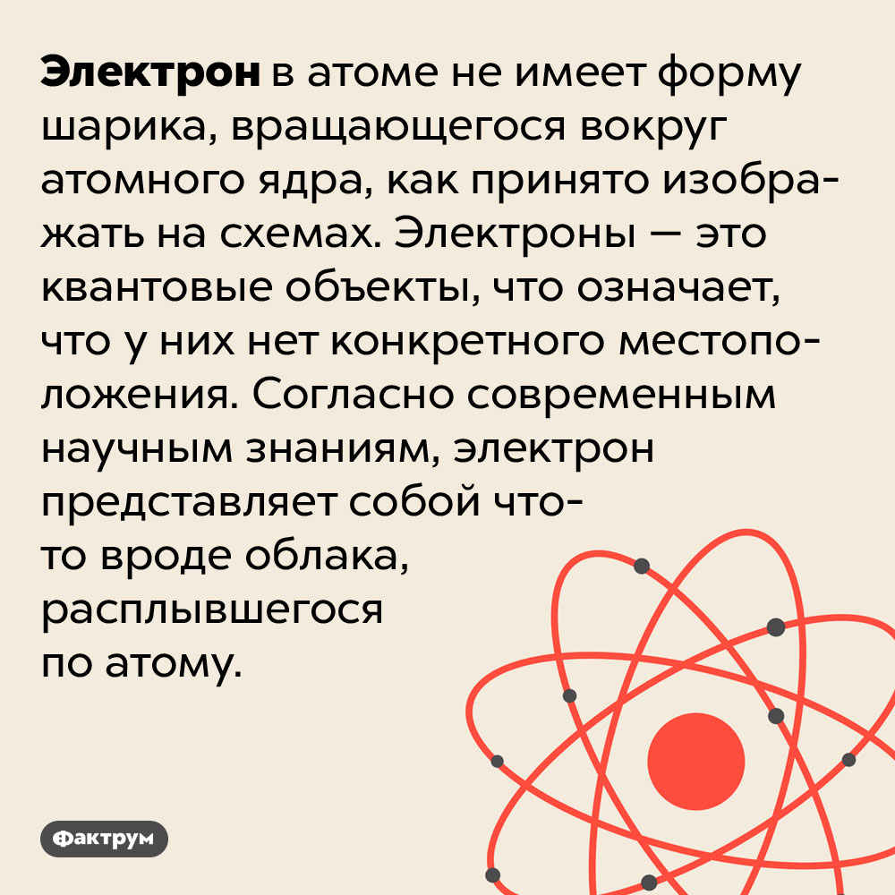 Электроны не похожи на шарики. Электрон в атоме не имеет форму шарика, вращающегося вокруг атомного ядра, как принято изображать на схемах. Электроны — это квантовые объекты, что означает, что у них нет конкретного местоположения. Согласно современным научным знаниям, электрон представляет собой что-то вроде облака, расплывшегося по атому.