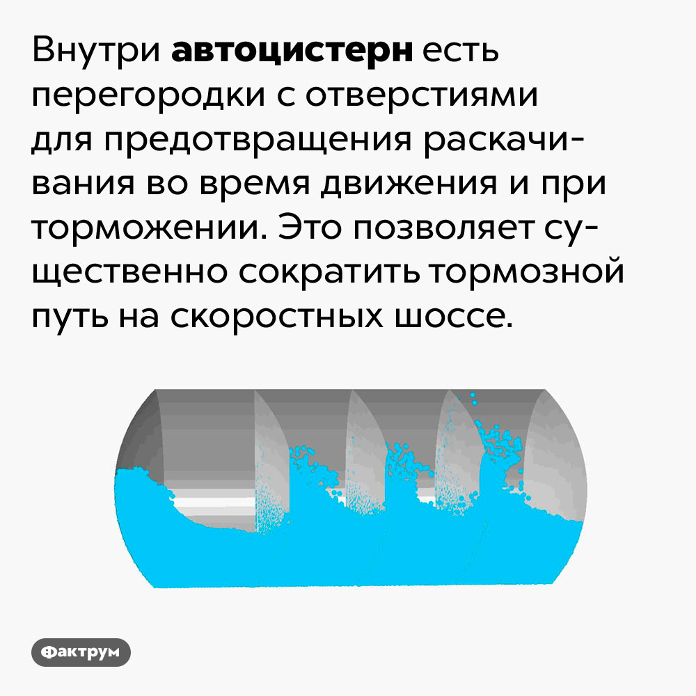 Автоцистерны внутри разделены перегородками. Внутри автоцистерн есть перегородки с отверстиями для предотвращения раскачивания во время движения и при торможении. Это позволяет существенно сократить тормозной путь на скоростных шоссе.