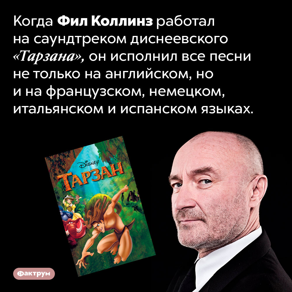 Для саундтрека «Тарзана» Фил Коллинз исполнил песни на пяти языках. Когда Фил Коллинз работал на саундтреком диснеевского «Тарзана» (1999), он исполнил все песни не только на английском, но и на французском, немецком, итальянском и испанском языках.