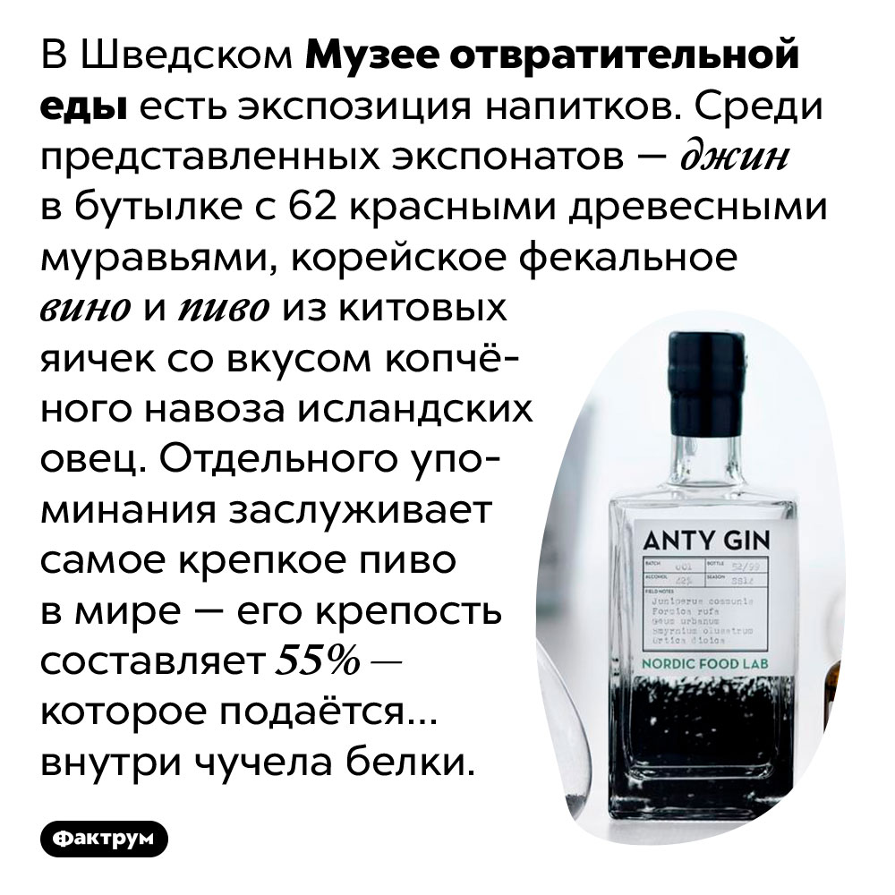В Шведском Музее отвратительной еды выставлены джин из муравьёв, фекальное вино и пиво в белке. В Шведском Музее отвратительной еды есть экспозиция напитков. Среди представленных экспонатов — джин в бутылке с 62 красными древесными муравьями, корейское фекальное вино и пиво из китовых яичек со вкусом копчёного навоза исландских овец. Отдельного упоминания заслуживает самое крепкое пиво в мире — его крепость составляет 55% — которое подаётся… внутри чучела белки.