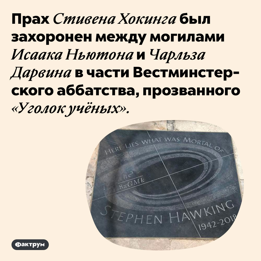 Хокинг захоронен там же, где Ньютон и Дарвин. Прах Стивена Хокинга был захоронен между могилами Исаака Ньютона и Чарльза Дарвина в части Вестминстерского аббатства, прозванного «Уголок учёных».