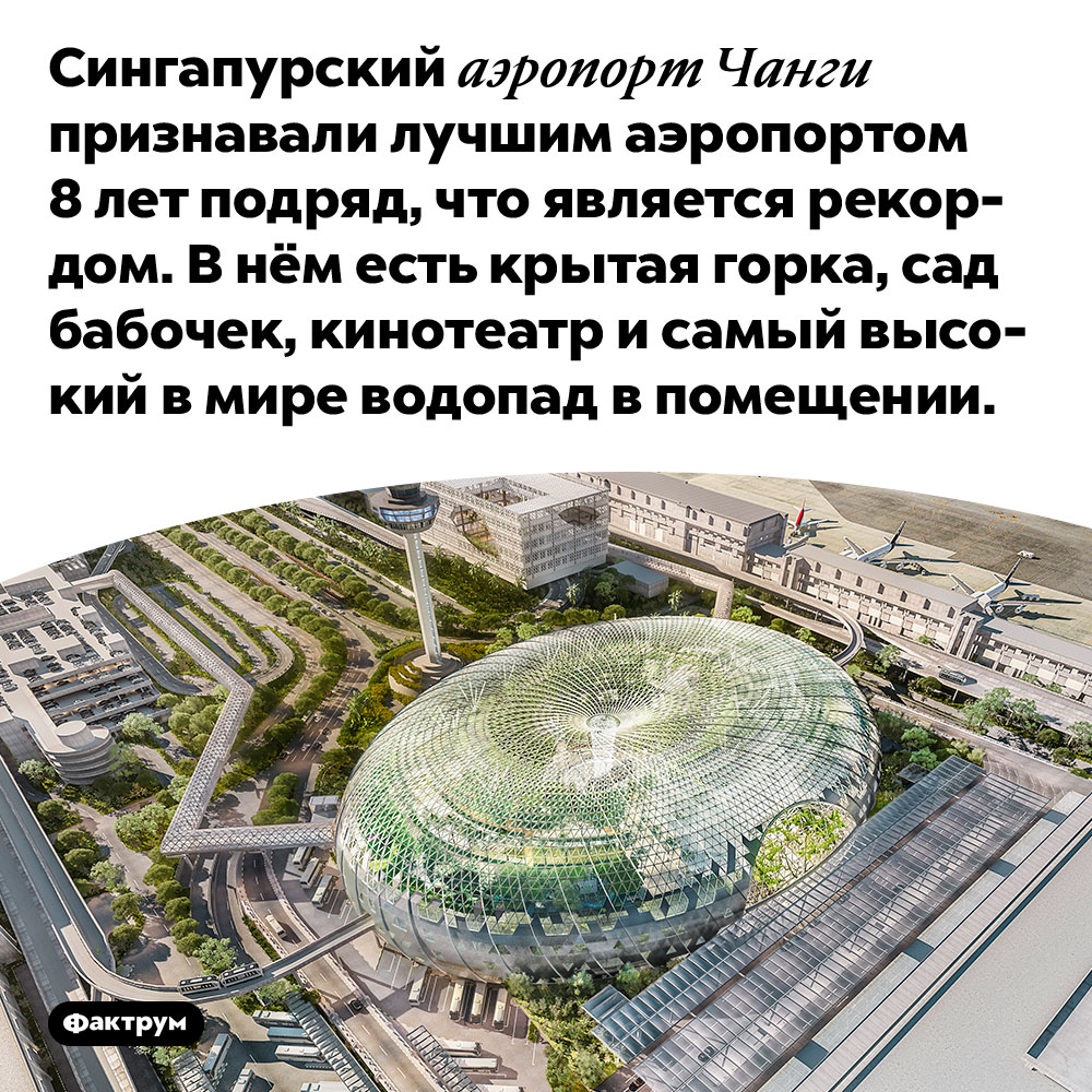 Сингапурский аэропорт Чанги считается лучшим в мире. Сингапурский аэропорт Чанги признавали лучшим аэропортом 8 лет подряд, что является рекордом. В нём есть крытая горка, сад бабочек, кинотеатр и самый высокий в мире водопад в помещении.