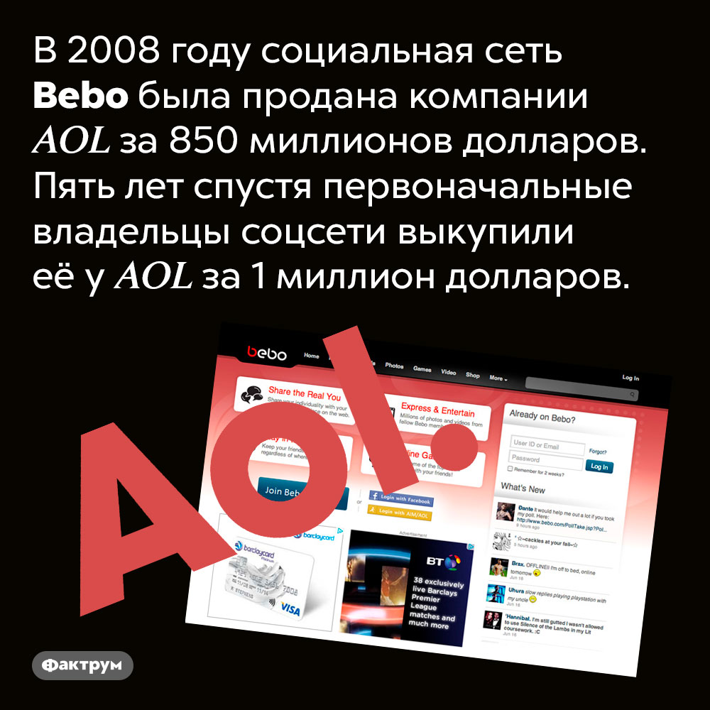 Социальная сеть Bebo за 5 лет подешевела на 849 000 000 долларов. В 2008 году социальная сеть Bebo была продана компании AOL за 850 миллионов долларов. Пять лет спустя первоначальные владельцы соцсети выкупили её у AOL за 1 миллион долларов.