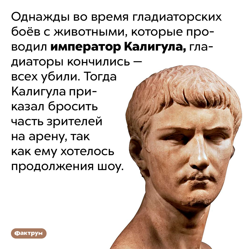 Калигула заставлял зрителей выходить на гладиаторские бои. Однажды во время гладиаторских боёв с животными, которые проводил император Калигула, гладиаторы кончились — всех убили. Тогда Калигула приказал бросить часть зрителей на арену, так как ему хотелось продолжения шоу.