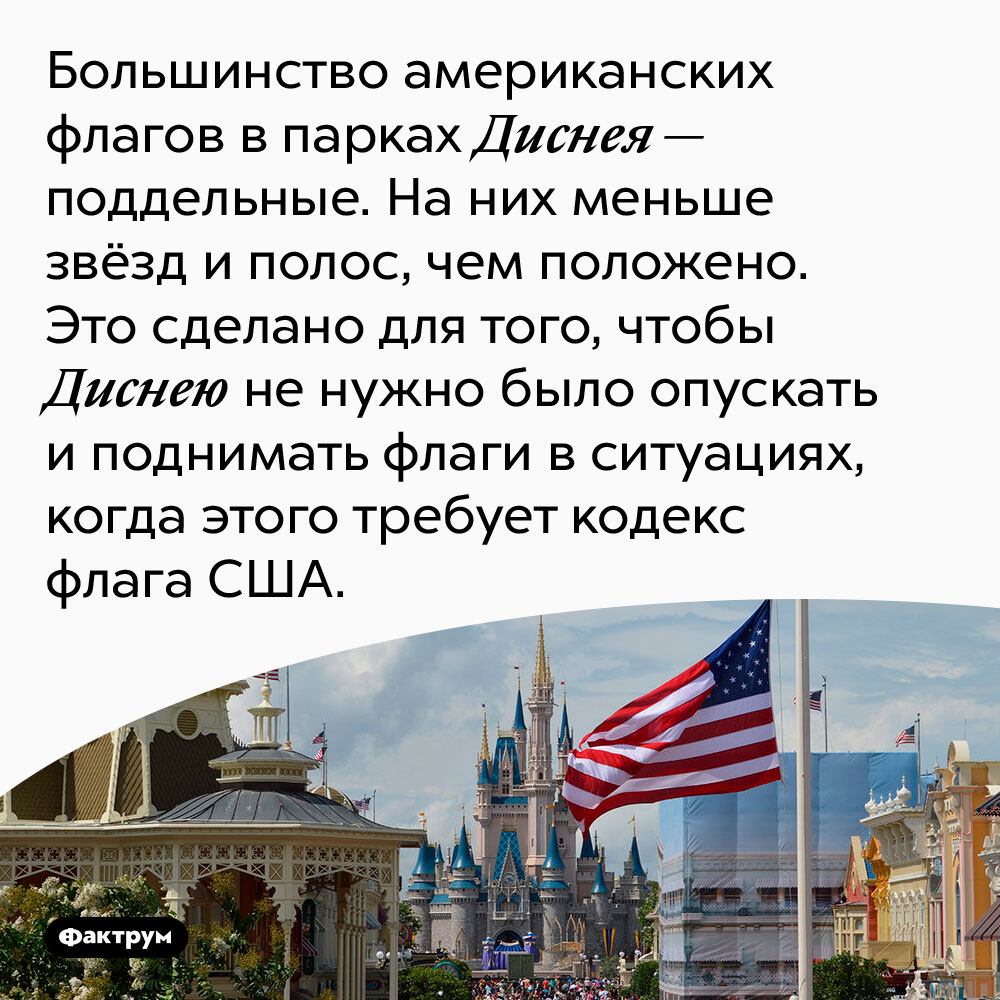 Американские флаги в Диснейлендах — поддельные. Большинство американских флагов в парках Диснея — поддельные. На них меньше звёзд и полос, чем положено. Это сделано для того, чтобы Disney не нужно было опускать и поднимать флаги в ситуациях, когда этого требует кодекс флага США.