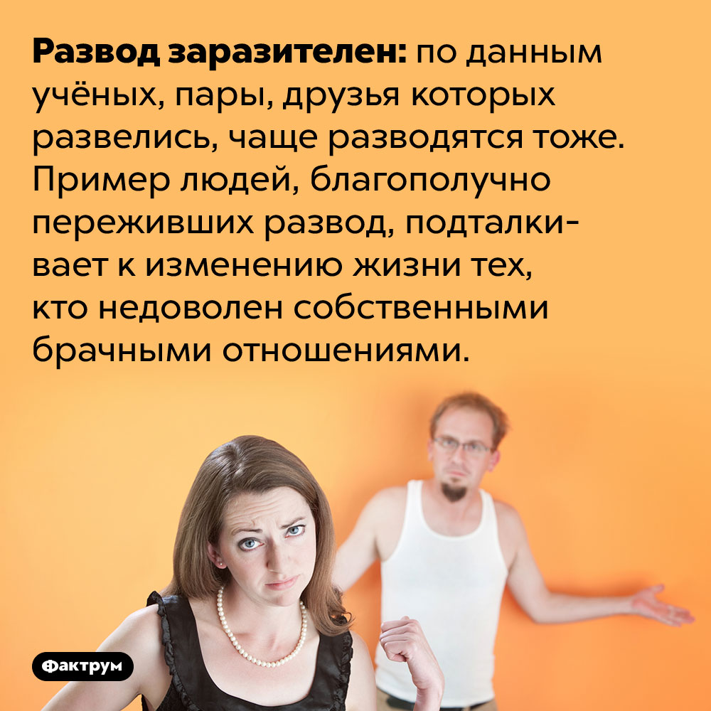 Развод ваших друзей повышает вероятность вашего развода. Развод заразителен: по данным учёных, пары, друзья которых развелись, чаще разводятся тоже. Пример людей, благополучно переживших развод, подталкивает к изменению жизни тех, кто недоволен собственными брачными отношениями.