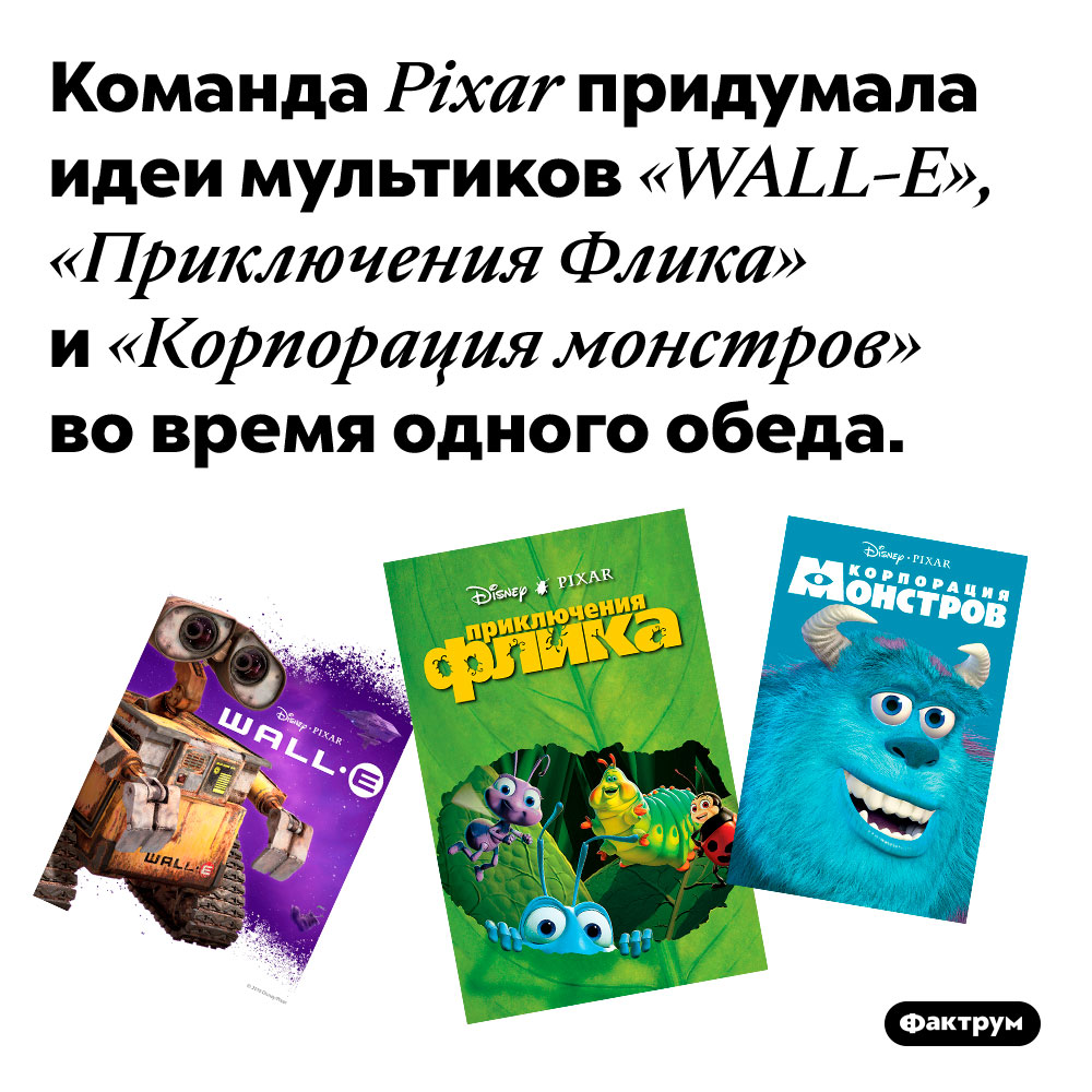 Команда Pixar придумала идеи для своих трёх мультфильмов-хитов во время одного обеда. Команда Pixar придумала идеи мультиков «WALL-E», «Приключения Флика» и «Корпорация монстров» во время одного обеда.