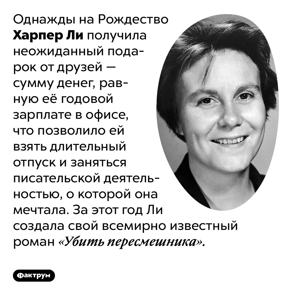 Друзья подарили Харпер Ли сумму, равную её годовому окладу, чтобы она могла взять отпуск и написать роман. Однажды на Рождество Харпер Ли получила неожиданный подарок от друзей — сумму денег, равную её годовой зарплате в офисе, что позволило ей взять длительный отпуск и заняться писательской деятельностью, о которой она мечтала. За этот год Ли создала свой всемирно известный роман «Убить пересмешника».