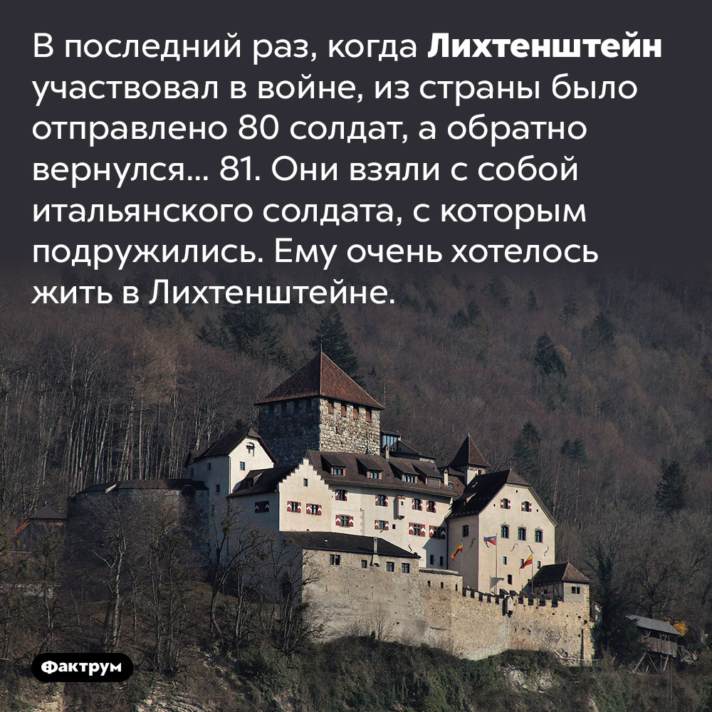 Государство Лихтенштейн отправило на войну 80 солдат, а вернулось с неё 81. В последний раз, когда Лихтенштейн участвовал в войне, из страны было отправлено 80 солдат, а обратно вернулся... 81. Они взяли с собой итальянского солдата, с которым подружились. Ему очень хотелось жить в Лихтенштейне.