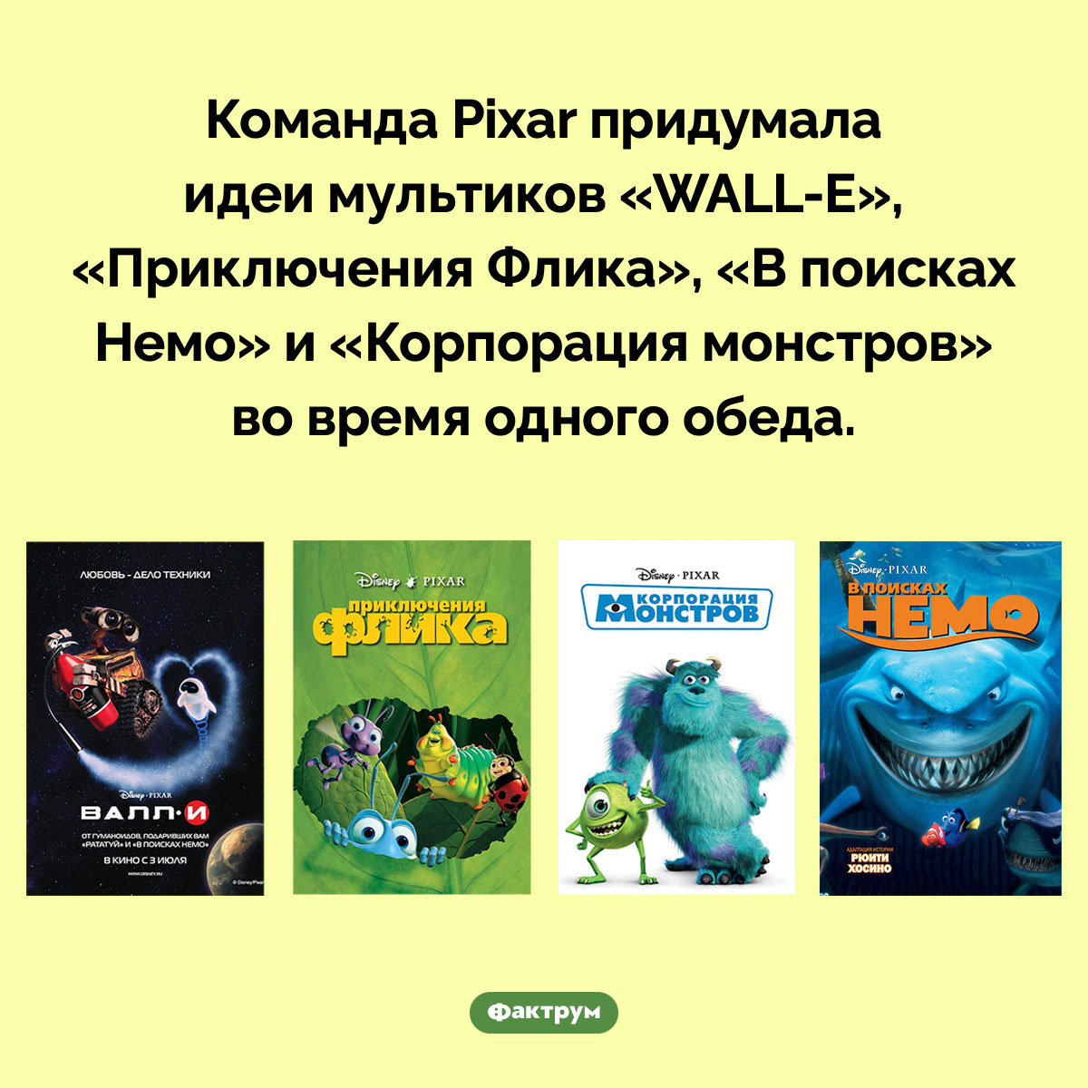 Команда Pixar придумала идеи для своих трёх мультфильмов-хитов во время одного обеда. Команда Pixar придумала идеи мультиков «WALL-E», «Приключения Флика» и «Корпорация монстров» во время одного обеда.