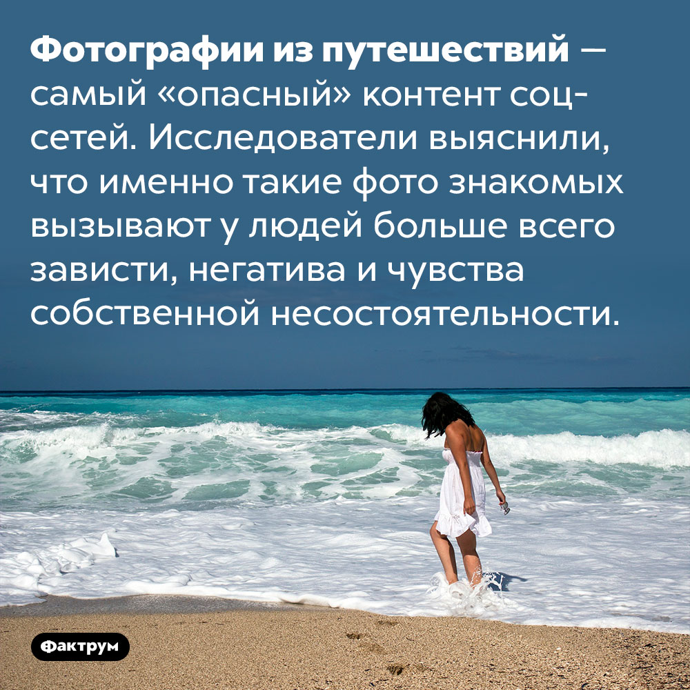 Фотографии знакомых, сделанные во время путешествий, огорчают пользователей соцсетей сильнее любых других. Фотографии из путешествий — самый «опасный» контент соцсетей. Исследователи выяснили, что именно такие фото знакомых вызывают у людей больше всего зависти, негатива и чувства собственной несостоятельности.