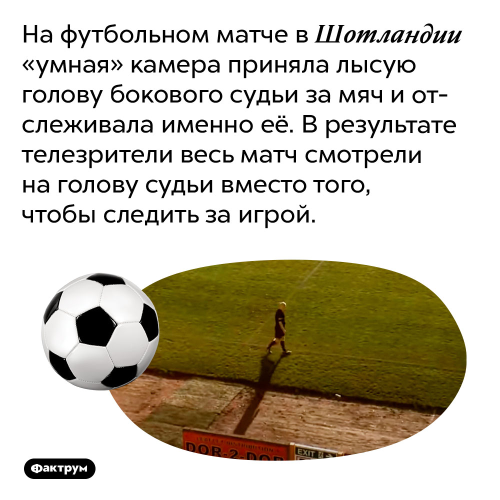 Футбольная видеокамера приняла лысину за мяч. На футбольном матче в Шотландии «умная» камера приняла лысую голову бокового судьи за мяч и отслеживала именно её. В результате телезрители весь матч смотрели на голову судьи вместо того, чтобы следить за игрой.