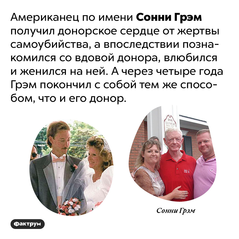 Мужчина получил вместе с донорским сердцем жену и смерть своего донора. Один мужчина получил донорское сердце от жертвы самоубийства, а впоследствии познакомился со вдовой донора, влюбился и женился на ней. А через четыре года покончил с собой тем же способом, что и донор.
