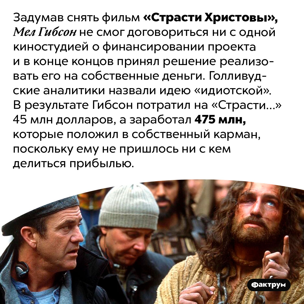 Мел Гибсон снял «Страсти Христовы» на собственные деньги. Задумав снять фильм «Страсти Христовы», Мел Гибсон не смог договориться ни с одной киностудией о финансировании проекта и в конце концов принял решение реализовать его на собственные деньги. Голливудские аналитики назвали идею «идиотской». В результате Гибсон потратил на «Страсти…» 45 млн долларов, а заработал 475 млн, которые положил в собственный карман, поскольку ему не пришлось ни с кем делиться прибылью.