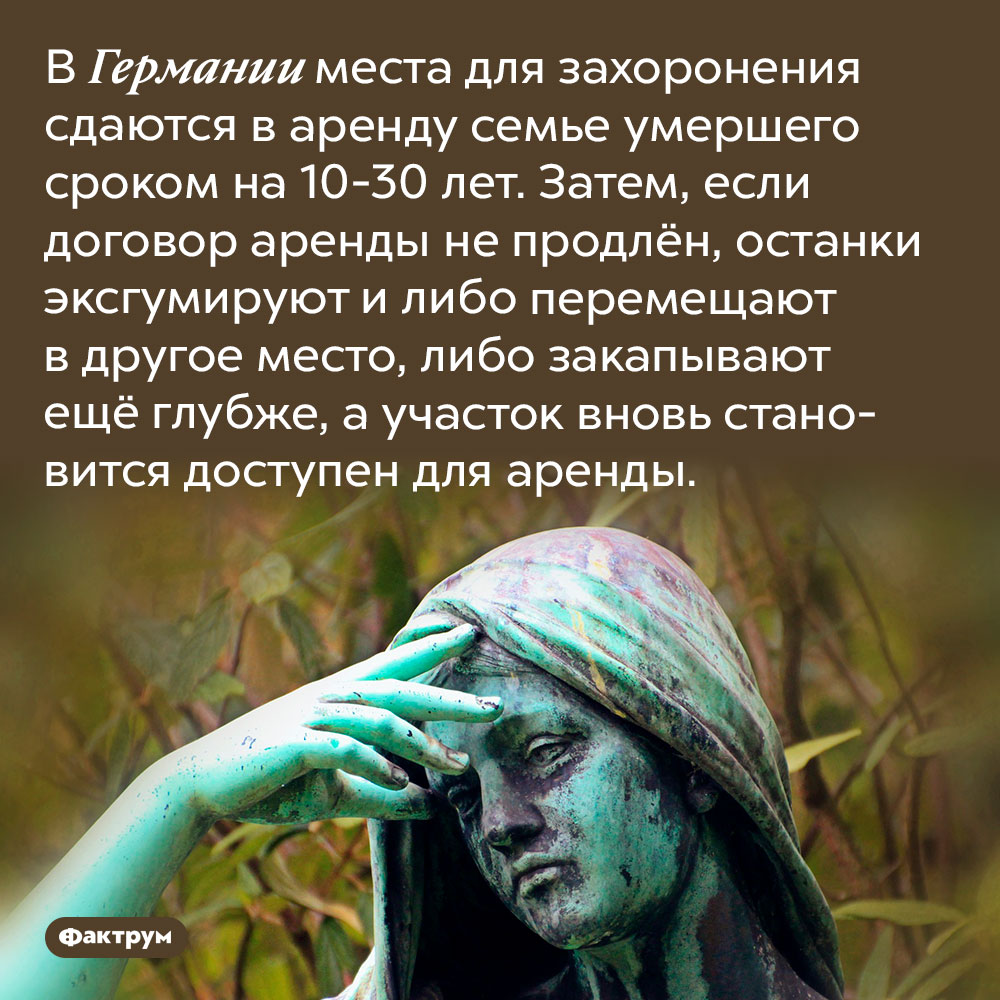В Германии места на кладбищах сдаются в аренду. В Германии места для захоронения сдаются в аренду семье умершего сроком на 10-30 лет. Затем, если договор аренды не продлён, останки эксгумируют и либо перемещают в другое место, либо закапывают ещё глубже, а участок вновь становится доступен для аренды.