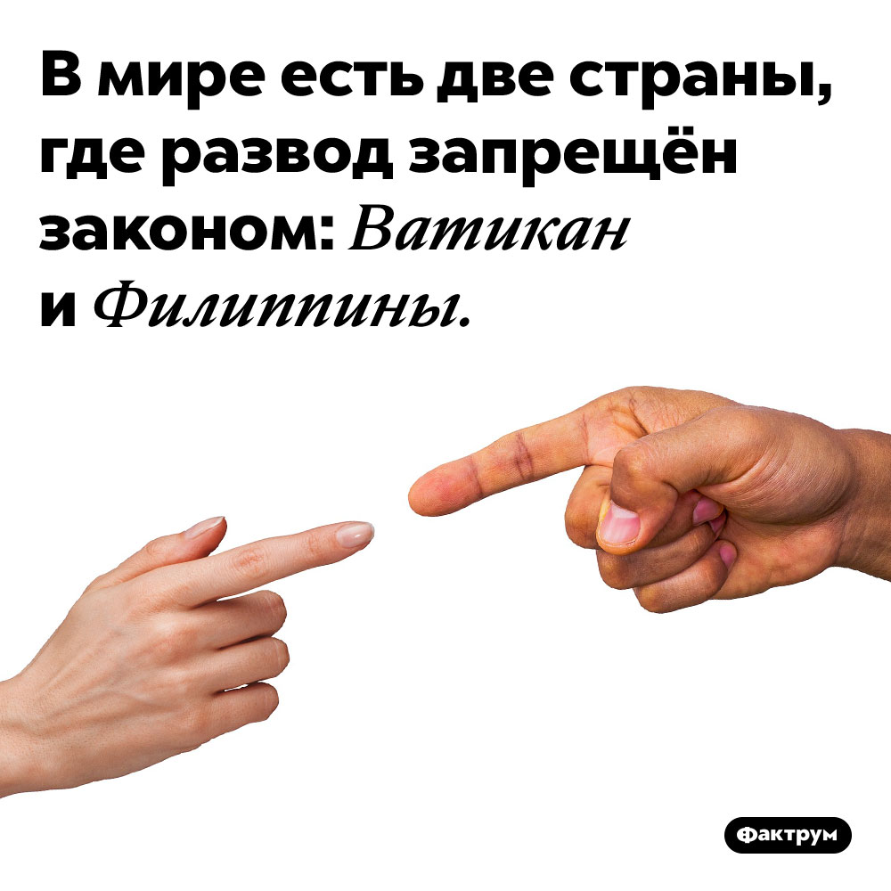 В Ватикане и Филиппинах законом запрещено разводиться. В мире есть две страны, где развод запрещён законом: Ватикан и Филиппины.