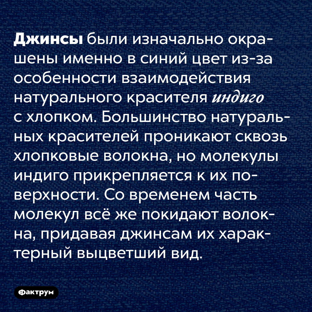 Джинсы синие из-за того, что индиго — единственный натуральный краситель, который окрашивает хлопок. Джинсы были изначально окрашены именно в синий цвет из-за особенности взаимодействия натурального красителя индиго с хлопком. Большинство натуральных красителей проникают сквозь хлопковые волокна, но молекулы индиго прикрепляется к их поверхности. Со временем часть молекул всё же покидают волокна, придавая джинсам их характерный выцветший вид.
