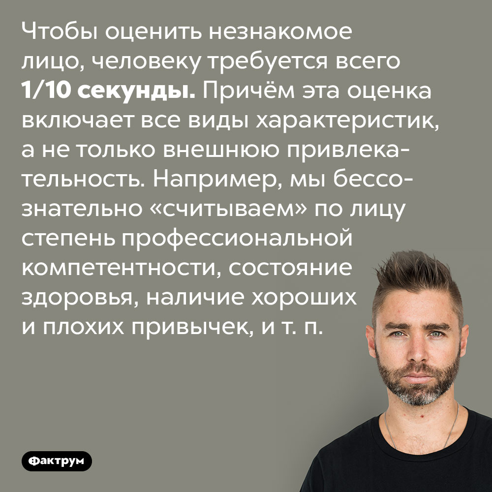 На оценку незнакомого лица требуется всего 1/10 секунды. Чтобы оценить незнакомое лицо, человеку требуется всего 1/10 секунды. Причём эта оценка включает все виды характеристик, а не только внешнюю привлекательность. Например, мы бессознательно «считываем» по лицу степень профессиональной компетентности, состояние здоровья, наличие хороших и плохих привычек, и т. п.