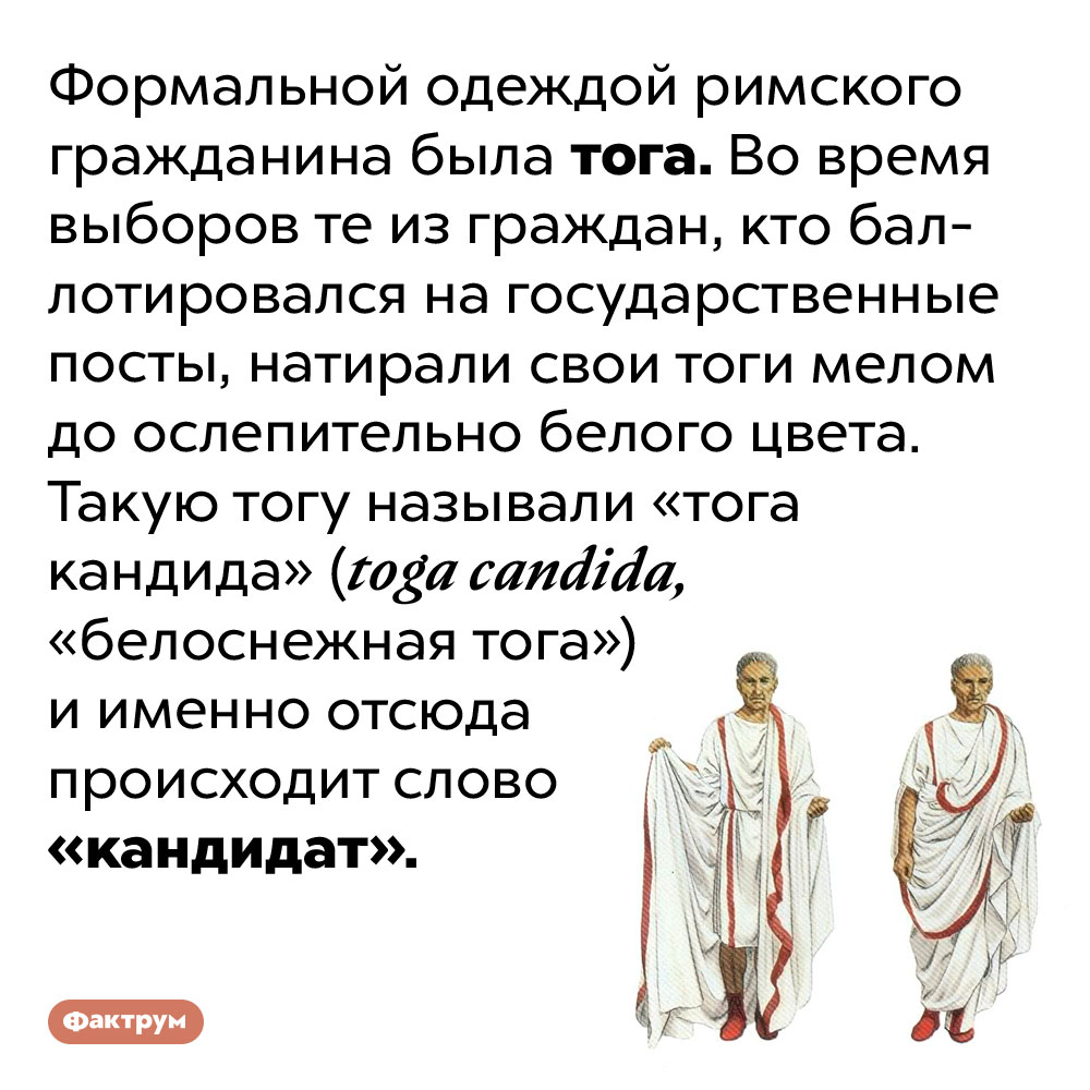 Слово «кандидат» происходит от названия римской тоги. Формальной одеждой римского гражданина была тога. Во время выборов те из граждан, кто баллотировался на государственные посты, натирали свои тоги мелом до ослепительно белого цвета. Такую тогу называли «тога кандида» (toga candida, «белоснежная тога») и именно отсюда происходит слово «кандидат».