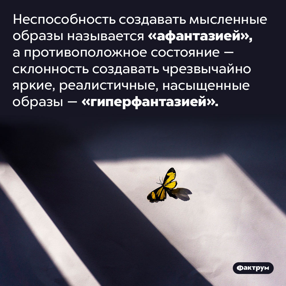 Существует афантазия — неспособность создавать мысленные образы. Неспособность создавать мысленные образы называется «афантазией», а противоположное состояние — склонность создавать чрезвычайно яркие, реалистичные, насыщенные образы — «гиперфантазией».