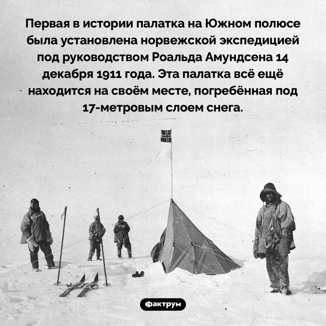 Первая в истории палатка на Южном полюсе стоит там уже более ста лет. Первая в истории палатка на Южном полюсе была установлена норвежской экспедицией под руководством Роальда Амундсена 14 декабря 1911 года. Эта палатка всё ещё находится на своём месте, погребённая под 17-метровым слоем снега.