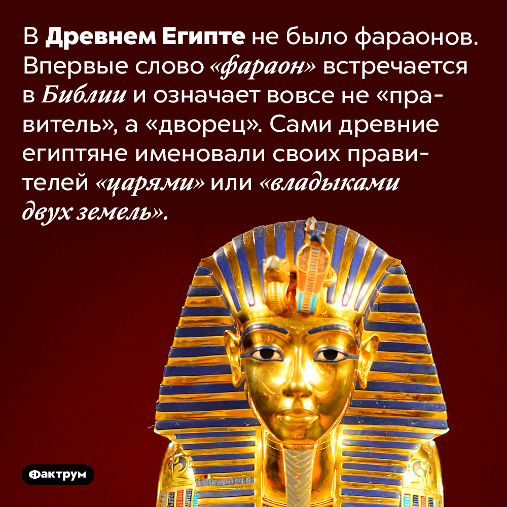 В Древнем Египте не было фараонов. В Древнем Египте не было фараонов. Впервые слово «фараон» встречается в Библии и означает вовсе не «правитель», а «дворец». Сами древние египтяне именовали своих правителей «царями» или «владыками двух земель».