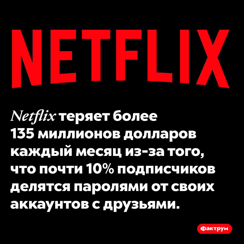Netflix теряет деньги, поскольку люди делятся паролями от аккаунтов друг с другом. Netflix теряет более 135 миллионов долларов каждый месяц из-за того, что почти 10% подписчиков делятся паролями от своих аккаунтов с друзьями.