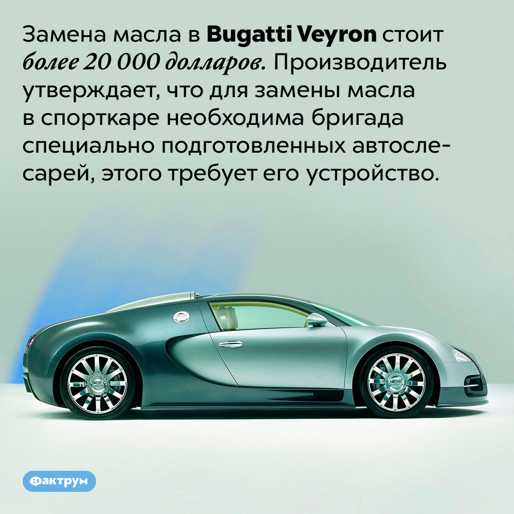 Замена масла в Bugatti Veyron обходится в 20 000 долларов. Замена масла в Bugatti Veyron стоит более 20 000 долларов. Производитель утверждает, что для замены масла в спорткаре необходима бригада специально подготовленных автослесарей, этого требует его устройство.
