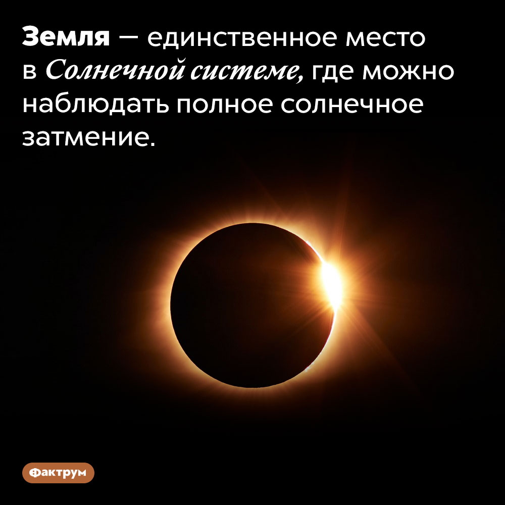 Полное солнечное затмение можно увидеть только с Земли. Земля — единственное место в Солнечной системе, где можно наблюдать полное солнечное затмение.