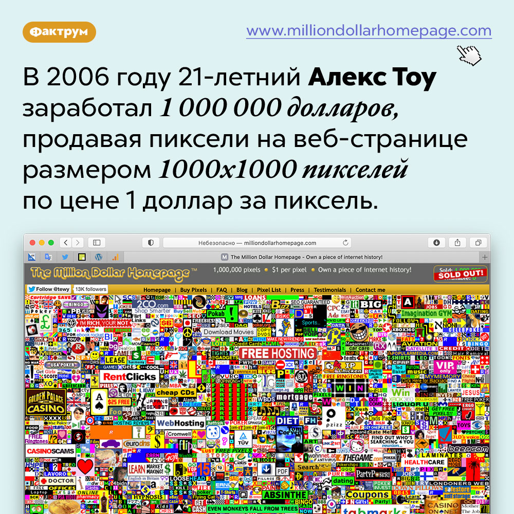 Как заработать миллион долларов, продавая пиксели. В 2006 году 21-летний Алекс Тоу заработал 1 000 000 долларов, продавая пиксели на веб-странице размером 1000x1000 пикселей по цене 1 доллар за пиксель.