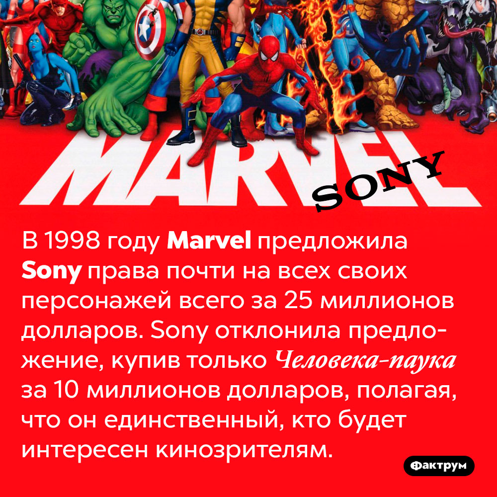 В 1990-х Marvel хотела продать Sony права на почти всех супергероев, но Sony купила только Человека-паука. В 1998 году Marvel предложила Sony права почти на всех своих персонажей всего за 25 миллионов долларов. Sony отклонила предложение, купив только Человека-паука за 10 миллионов долларов, полагая, что он единственный, кто будет интересен кинозрителям.