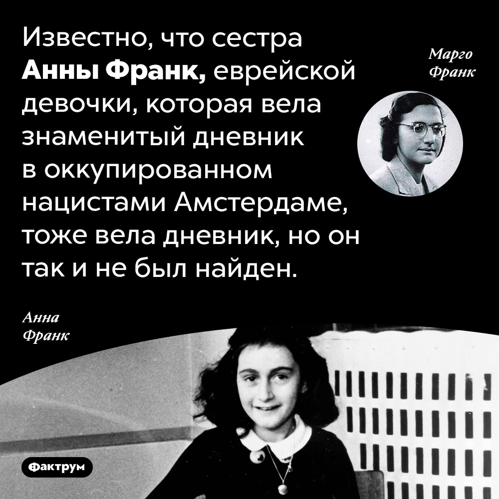 У Анны Франк была сестра, которая тоже вела дневник. Известно, что сестра Анны Франк, еврейской девочки, которая вела знаменитый дневник в оккупированном нацистами Амстердаме, тоже вела дневник, но он так и не был найден.