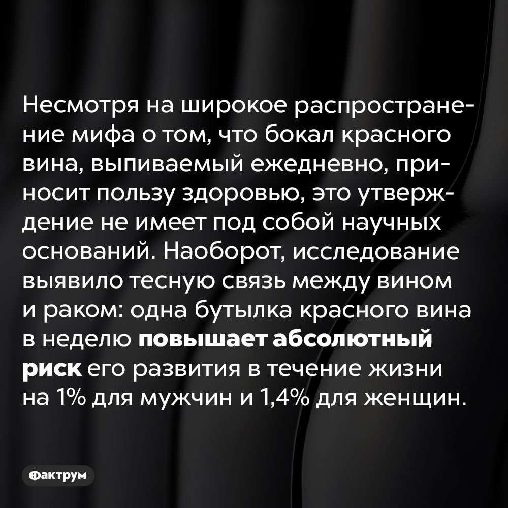 Одна бутылка красного вина в неделю повышает риск развития онкологических заболеваний. Несмотря на широкое распространение мифа о том, что бокал красного вина, выпиваемый ежедневно, приносит пользу здоровью, это утверждение не имеет под собой научных оснований. Наоборот, исследование выявило тесную связь между вином и раком: одна бутылка красного вина в неделю повышает абсолютный риск его развития в течение жизни на 1% для мужчин и 1,4% для женщин.