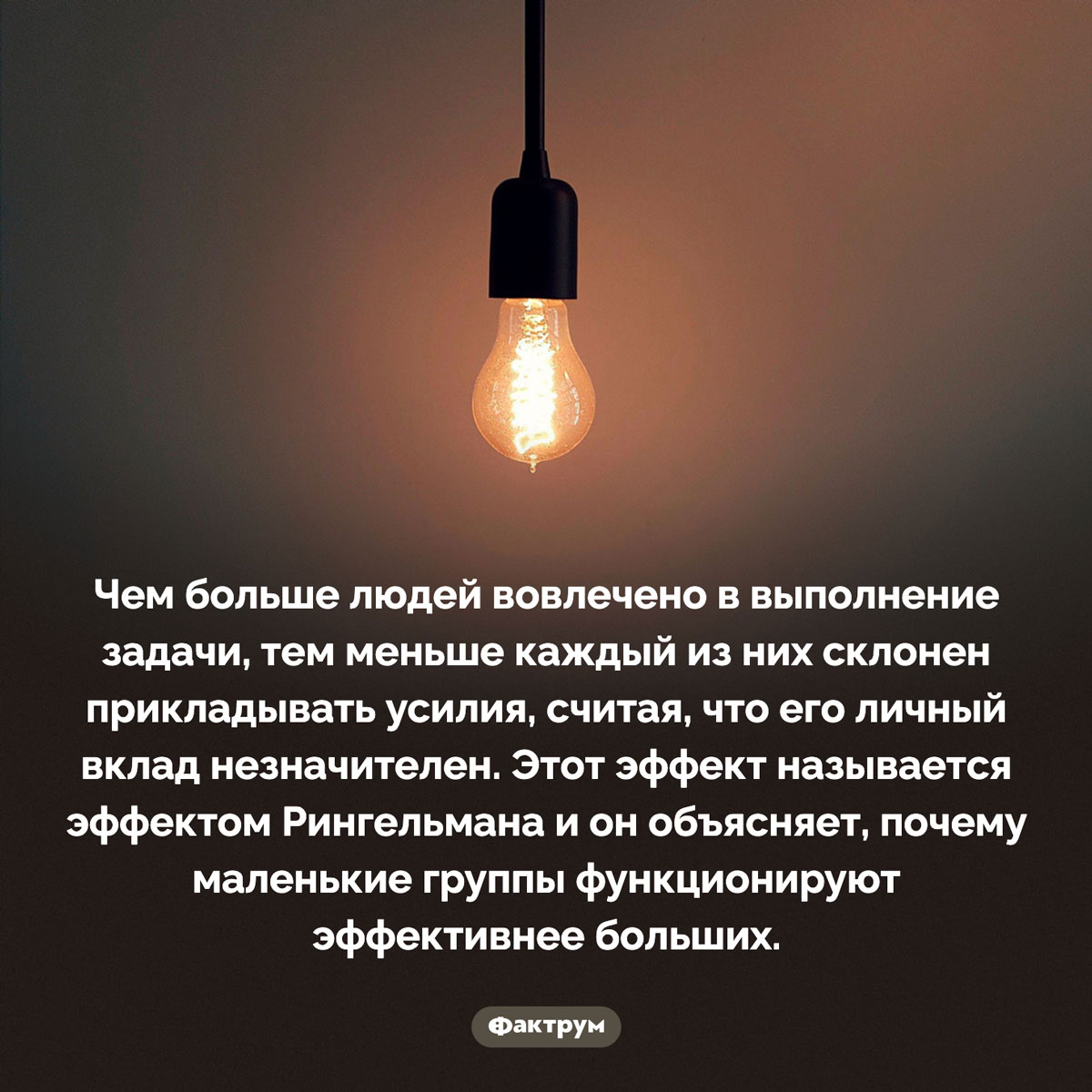 Эффект Рингельмана. Чем больше людей вовлечено в выполнение задачи, тем меньше каждый из них склонен прикладывать усилия, считая, что его личный вклад незначителен. Этот эффект называется эффектом Рингельмана и он объясняет, почему маленькие группы функционируют эффективнее больших.