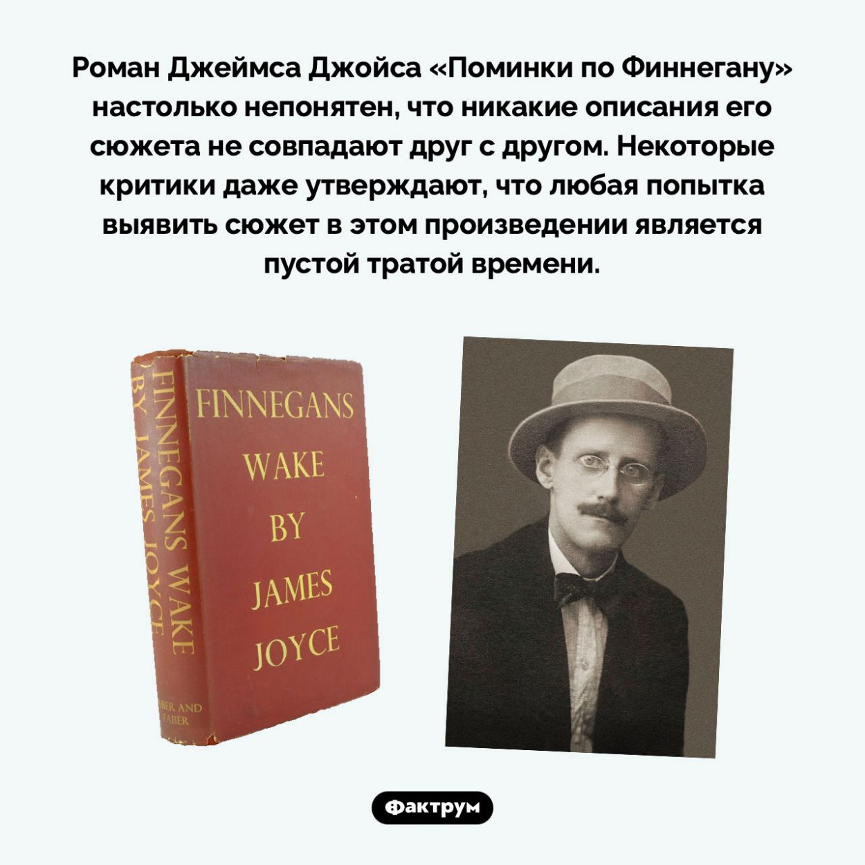 Роман Джеймса Джойса «Поминки по Финнегану» невозможно понять. Роман Джеймса Джойса «Поминки по Финнегану» настолько непонятен, что никакие описания его сюжета не совпадают друг с другом. Некоторые критики даже утверждают, что любая попытка выявить сюжет в этом произведении является пустой тратой времени.