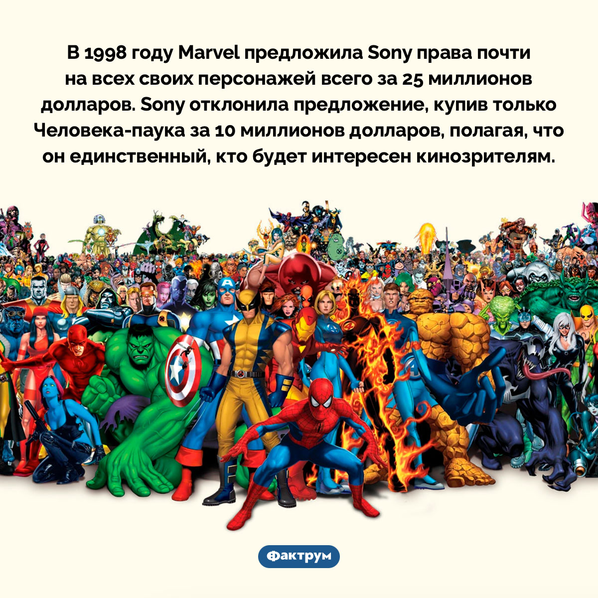 В 1990-х Marvel хотела продать Sony права на почти всех супергероев. В 1998 году Marvel предложила Sony права почти на всех своих персонажей всего за 25 миллионов долларов. Sony отклонила предложение, купив только Человека-паука за 10 миллионов долларов, полагая, что он единственный, кто будет интересен кинозрителям.